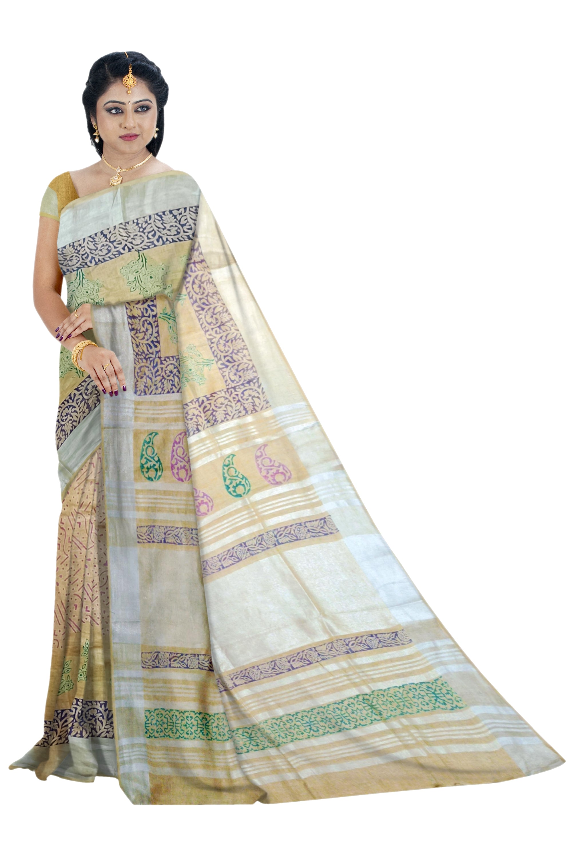 Cream Linen Saree With Multi-color Floral Print