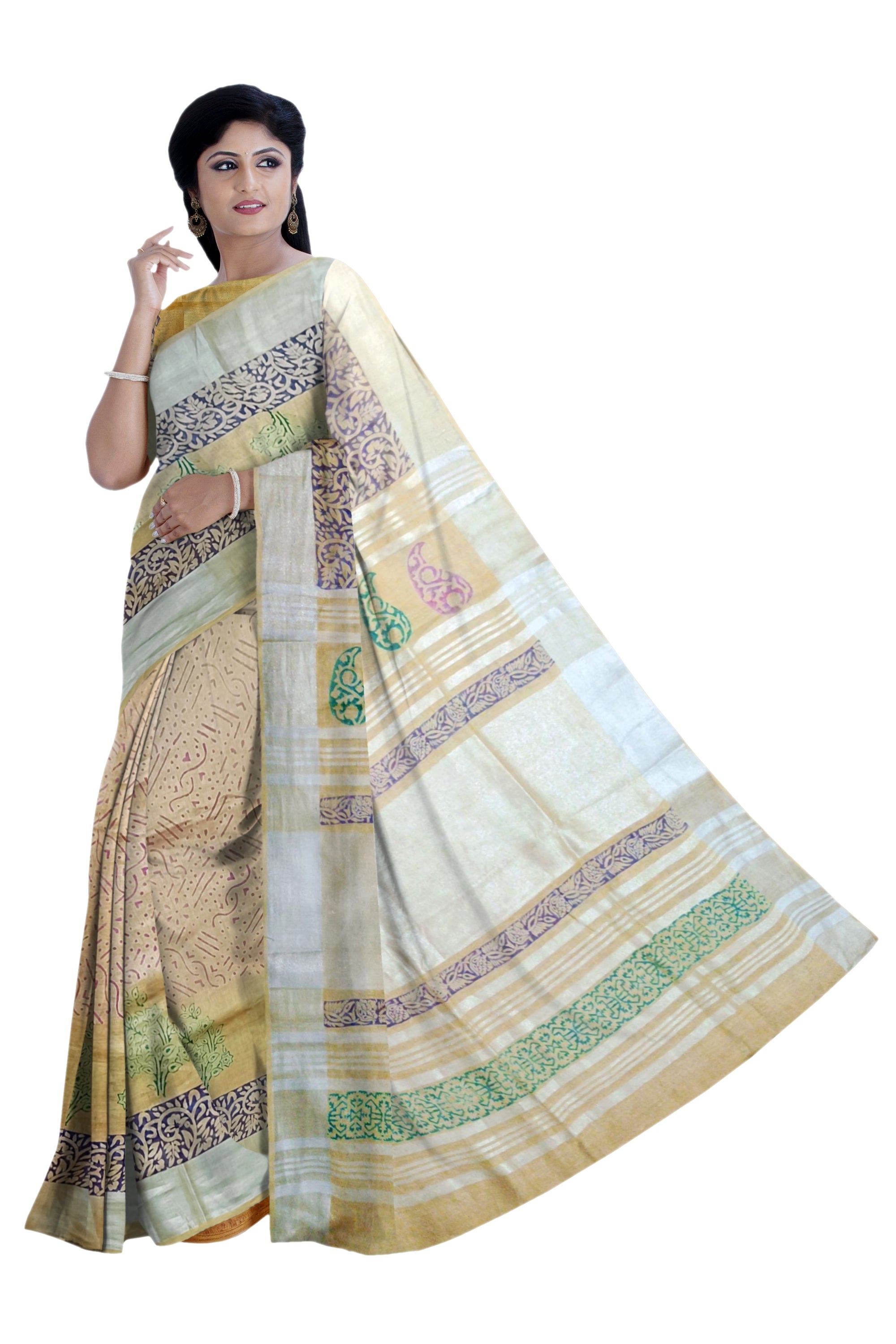 Cream Linen Saree With Multi-color Floral Print