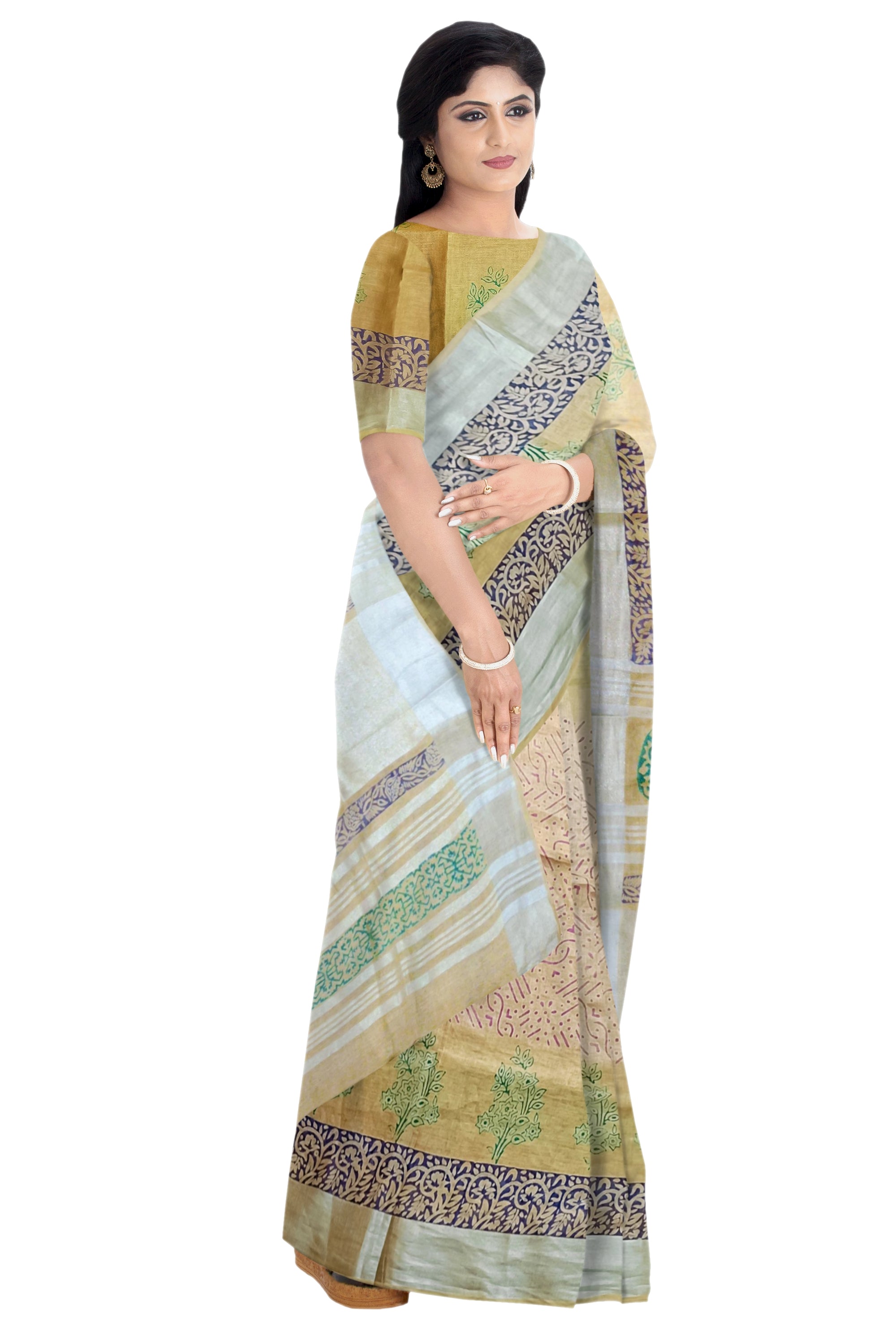 Cream Linen Saree With Multi-color Floral Print