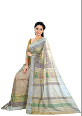 Cream Linen Saree With Multi-color Floral Print