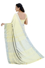 Pale Yellow Linen Saree with Silver Border