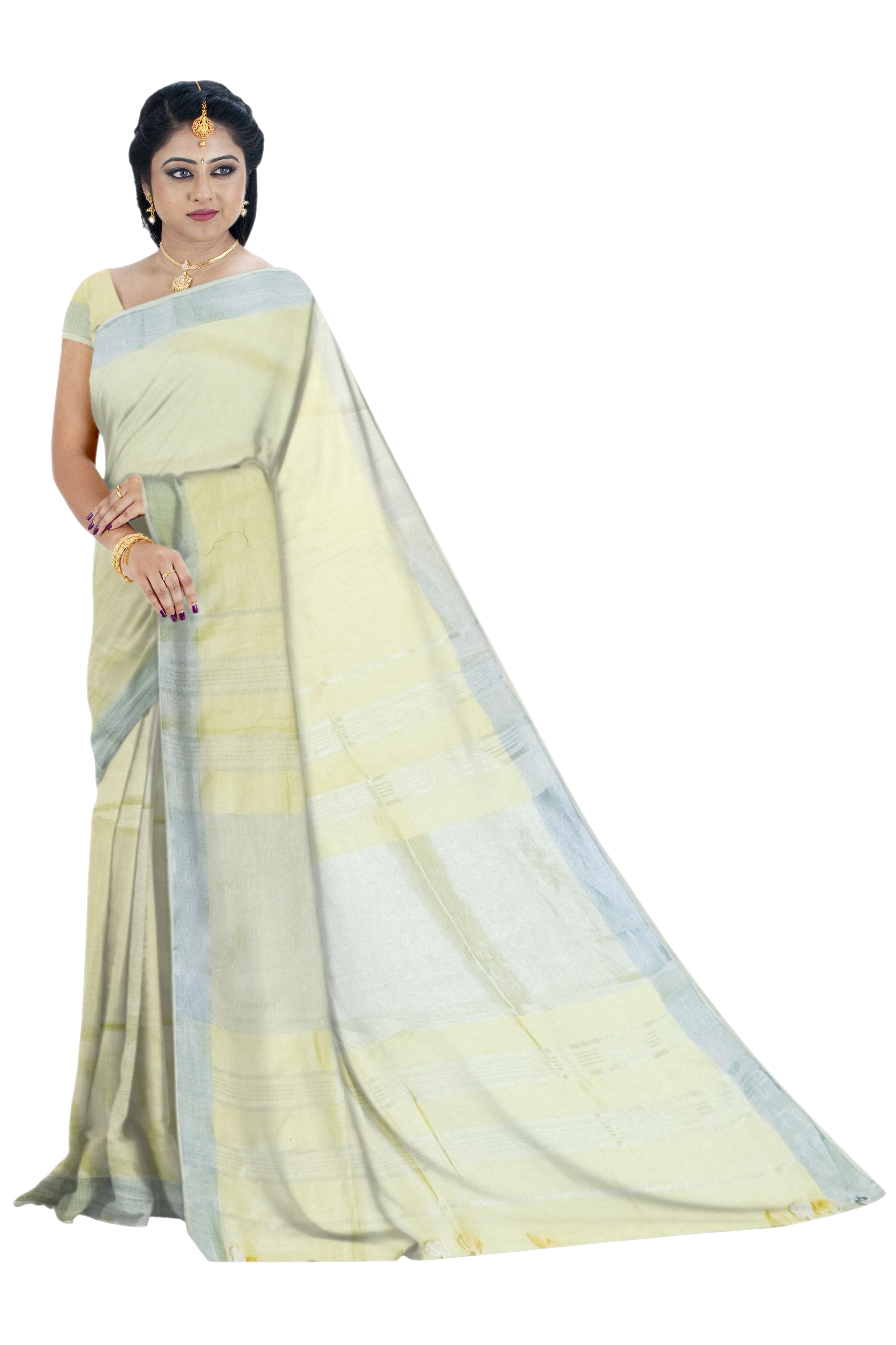 Pale Yellow Linen Saree with Silver Border