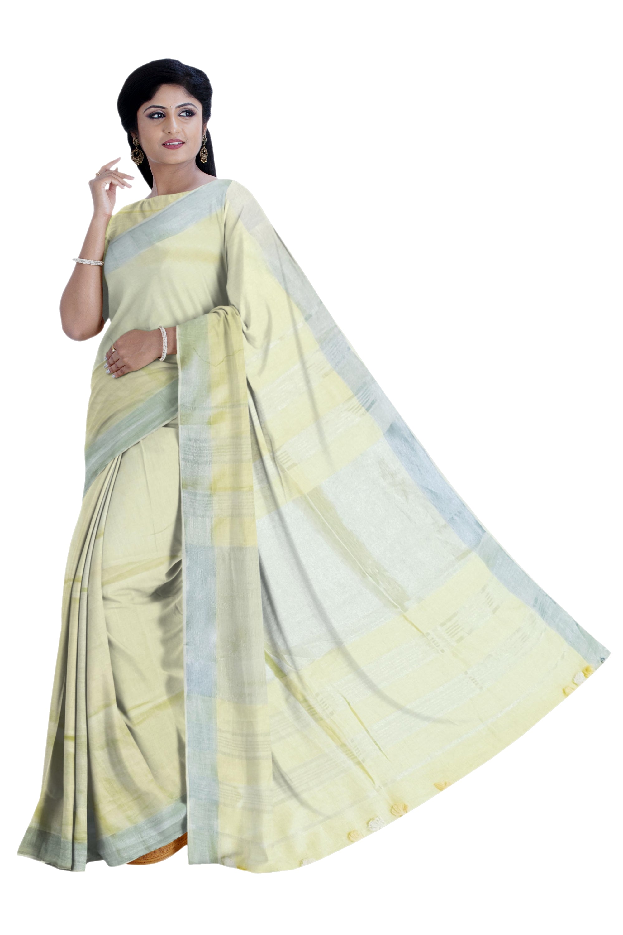 Pale Yellow Linen Saree with Silver Border