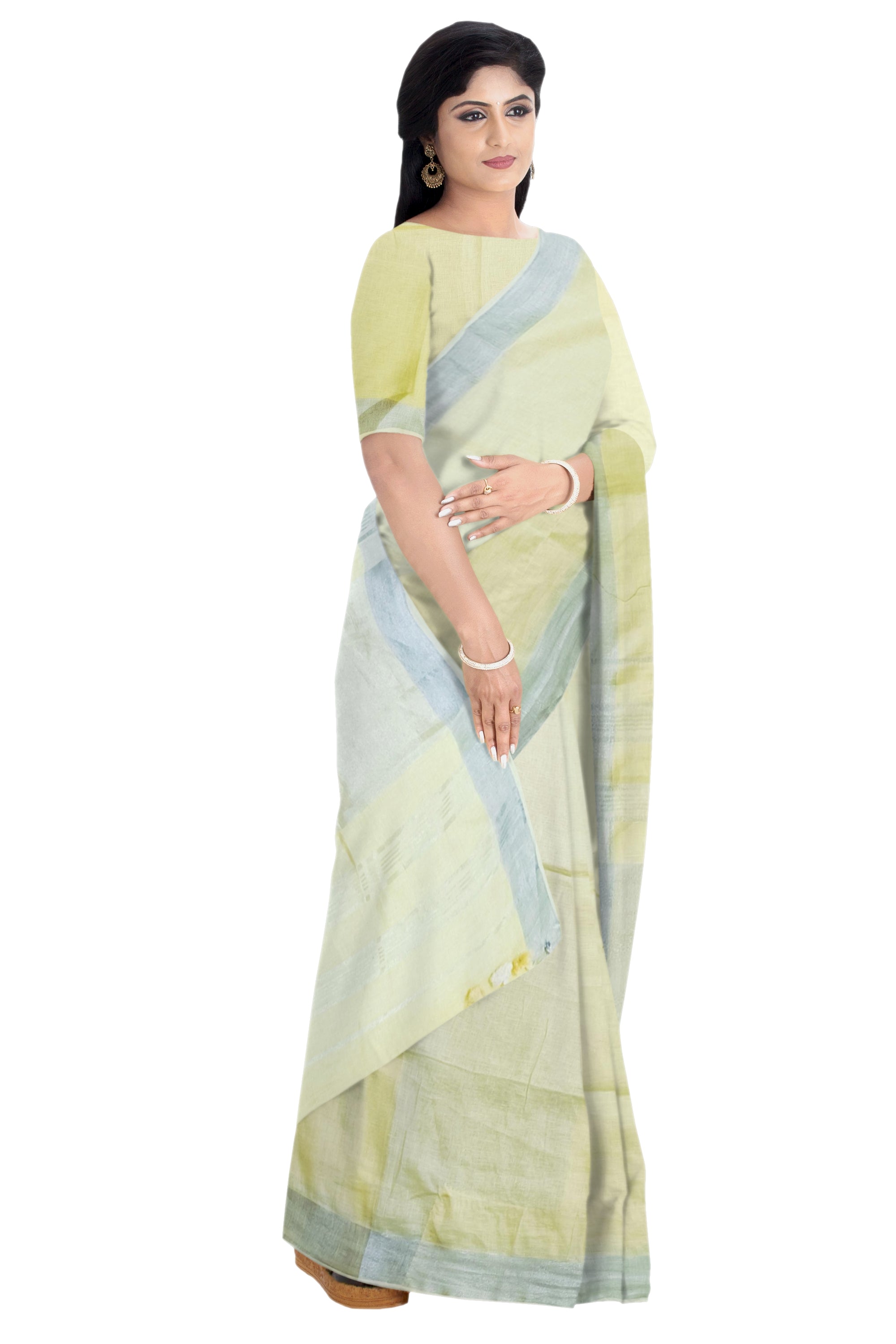 Pale Yellow Linen Saree with Silver Border