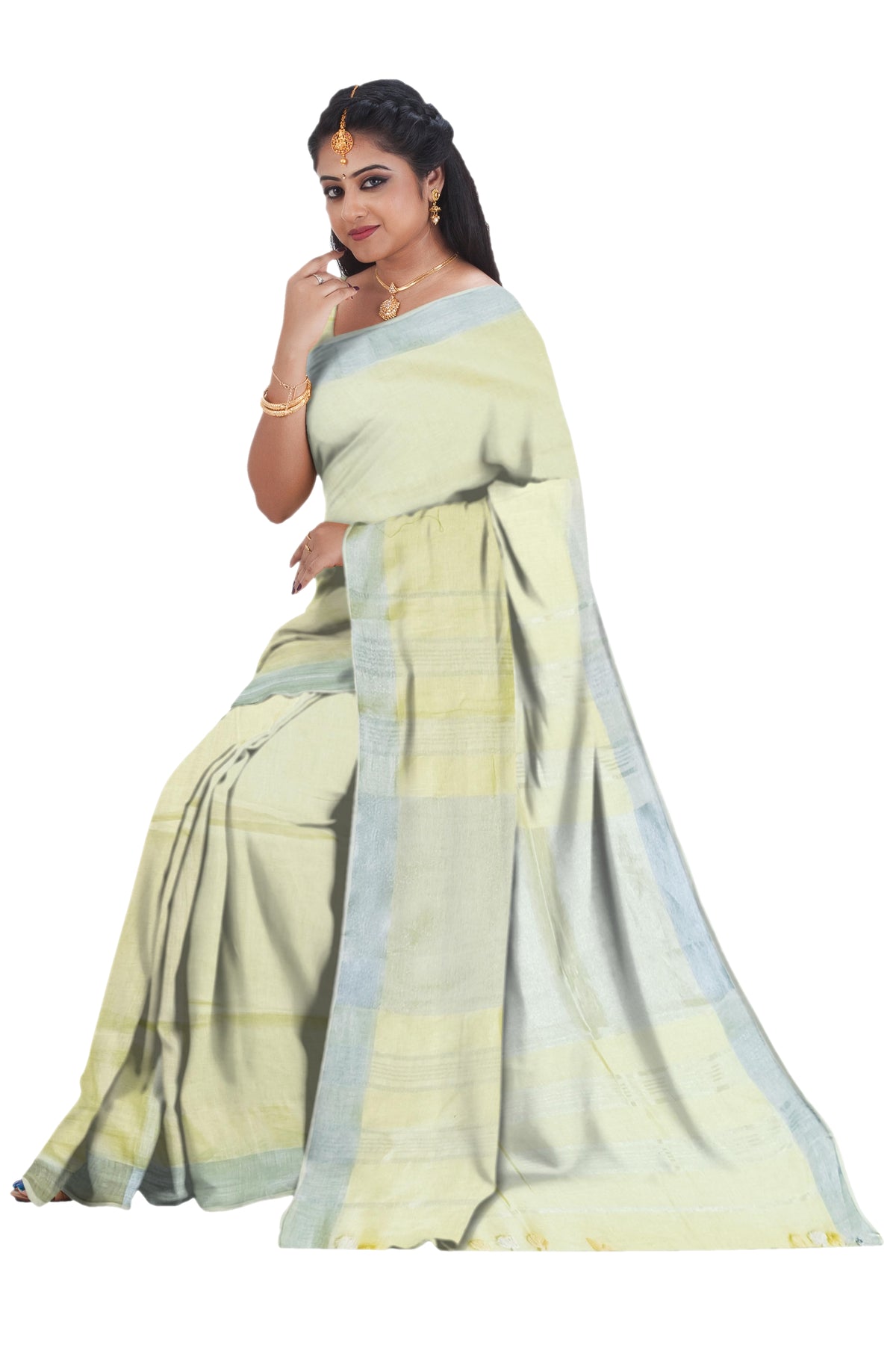 Pale Yellow Linen Saree with Silver Border