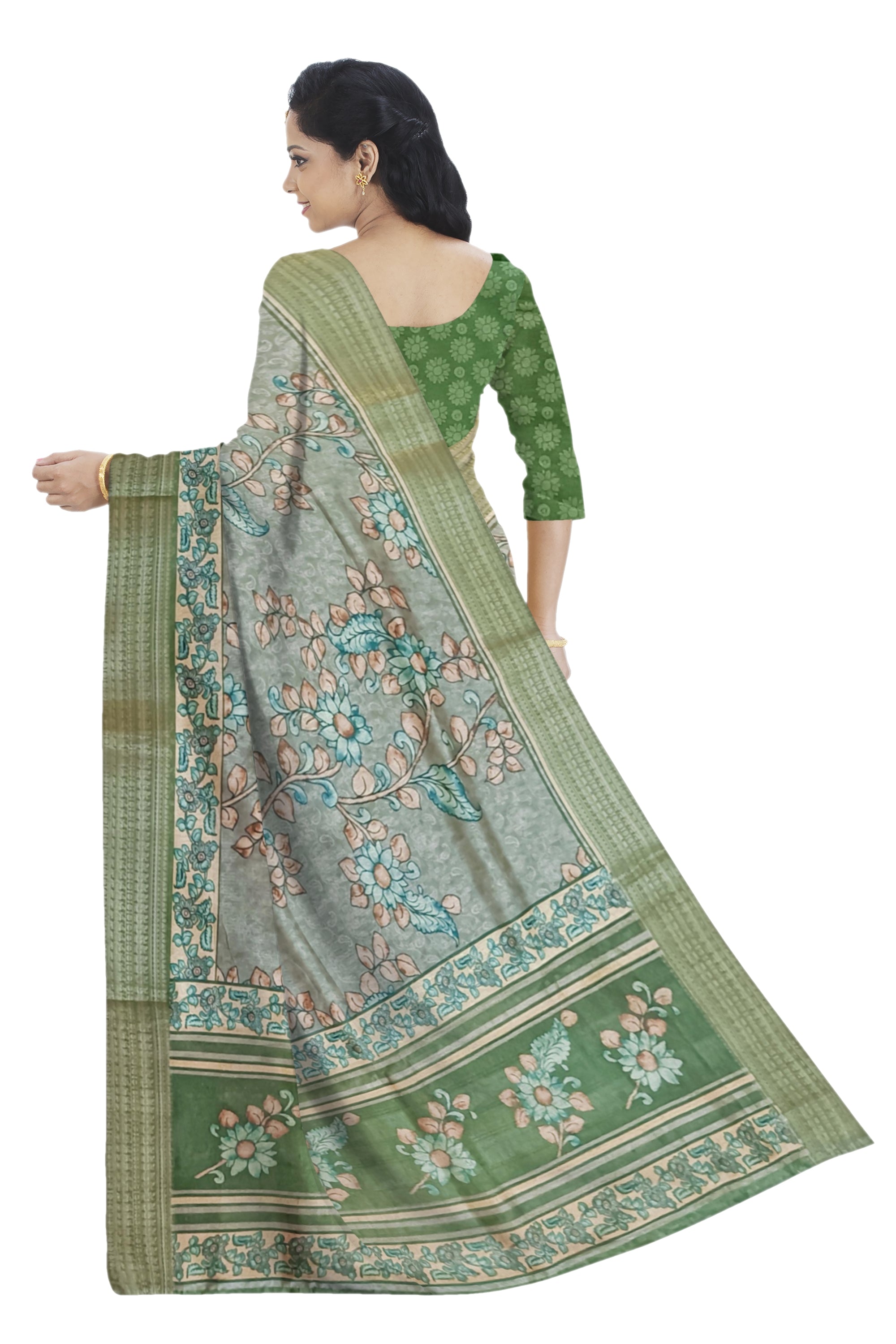 Forest Green Tussar Kantha Cut Work Saree