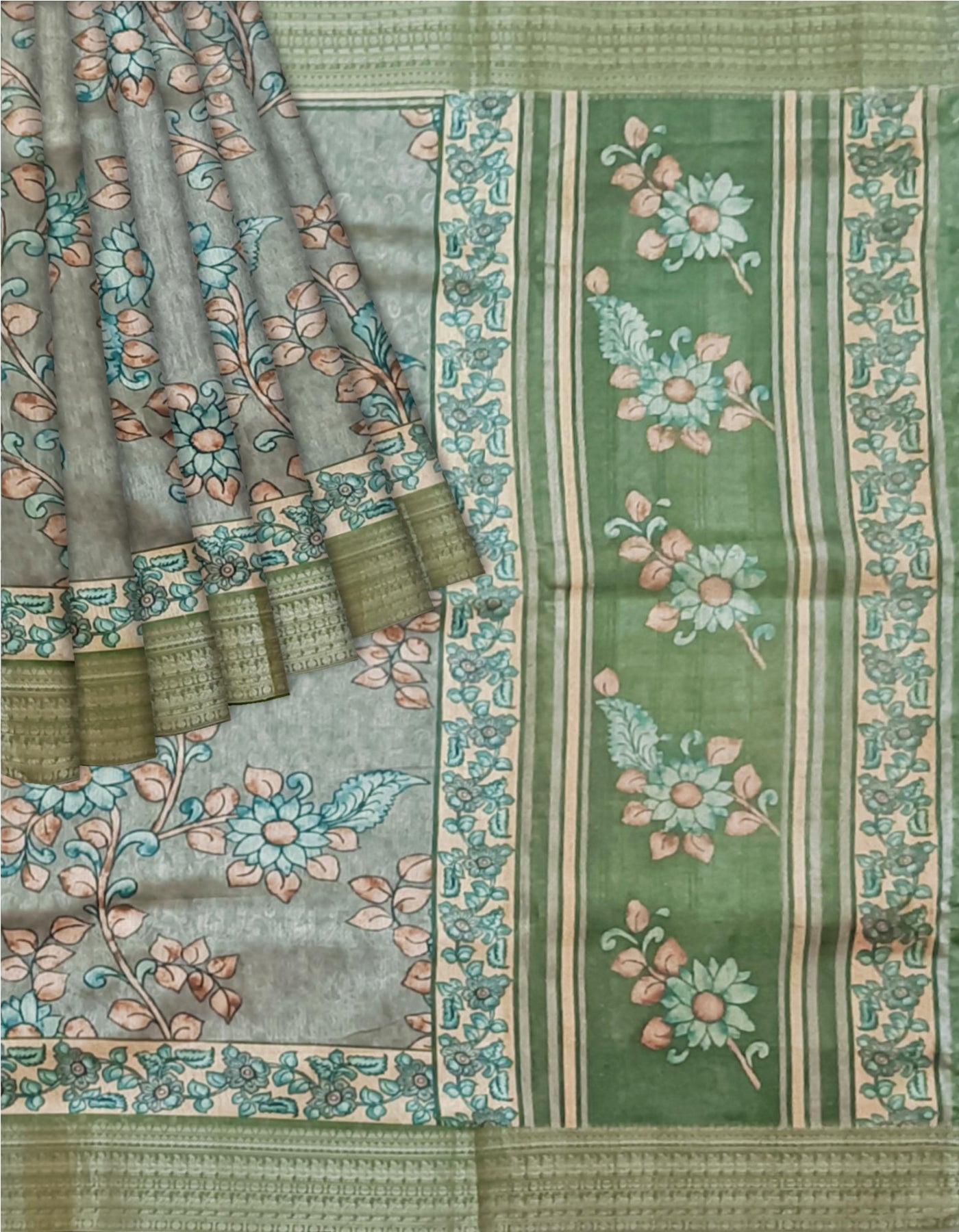 Forest Green Tussar Kantha Cut Work Saree