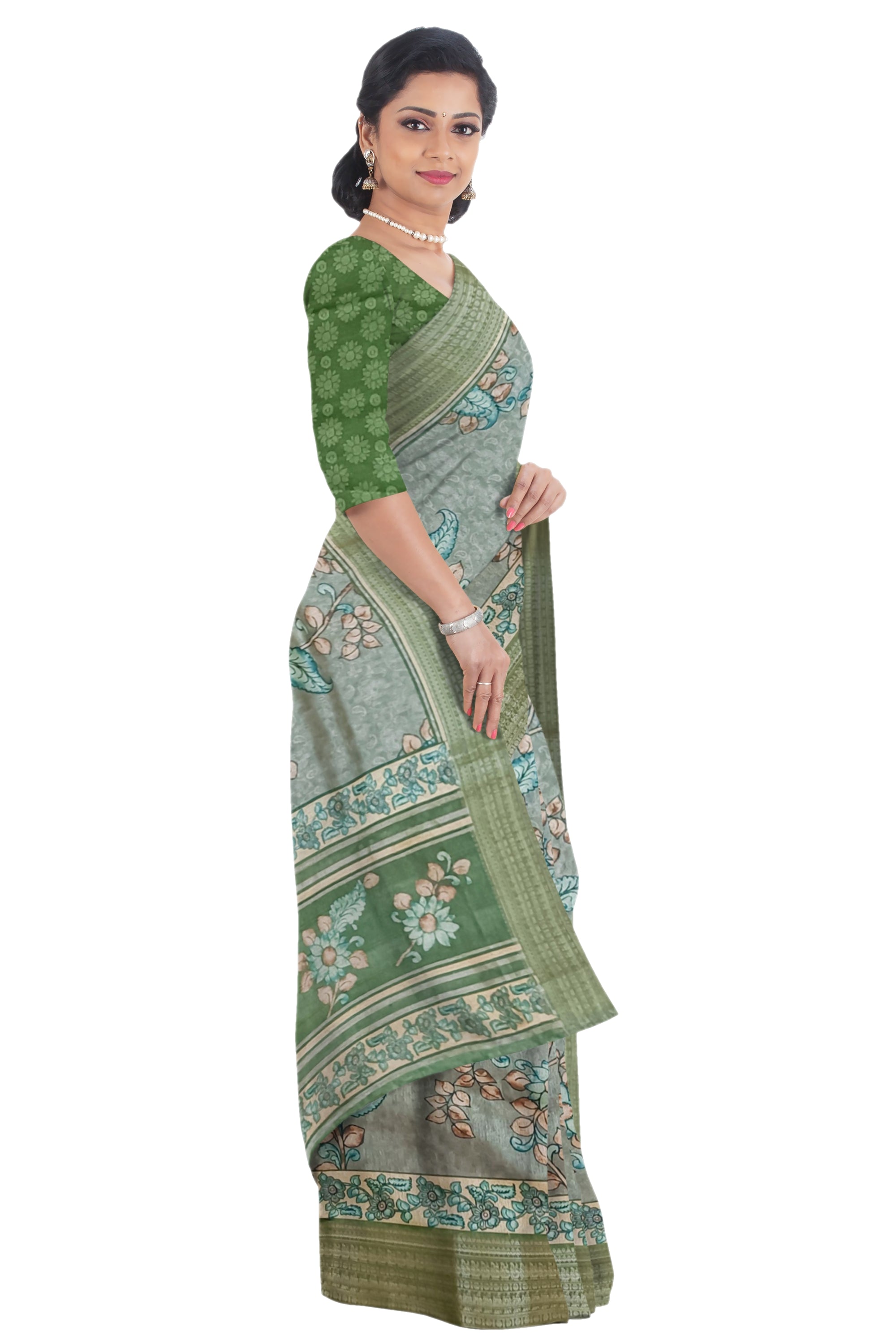 Forest Green Tussar Kantha Cut Work Saree