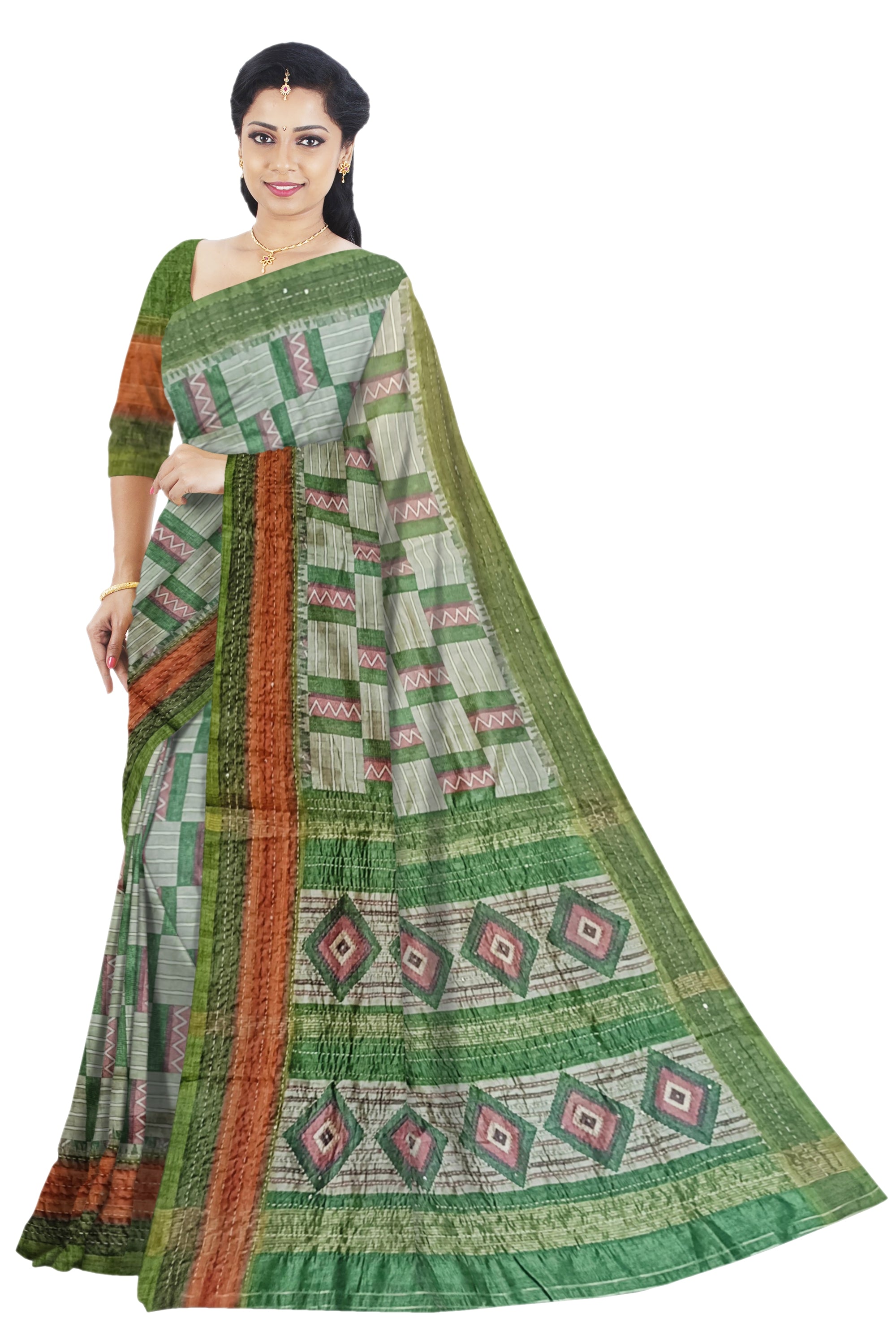 Sage Green Tussar Kantha Cut Work Saree