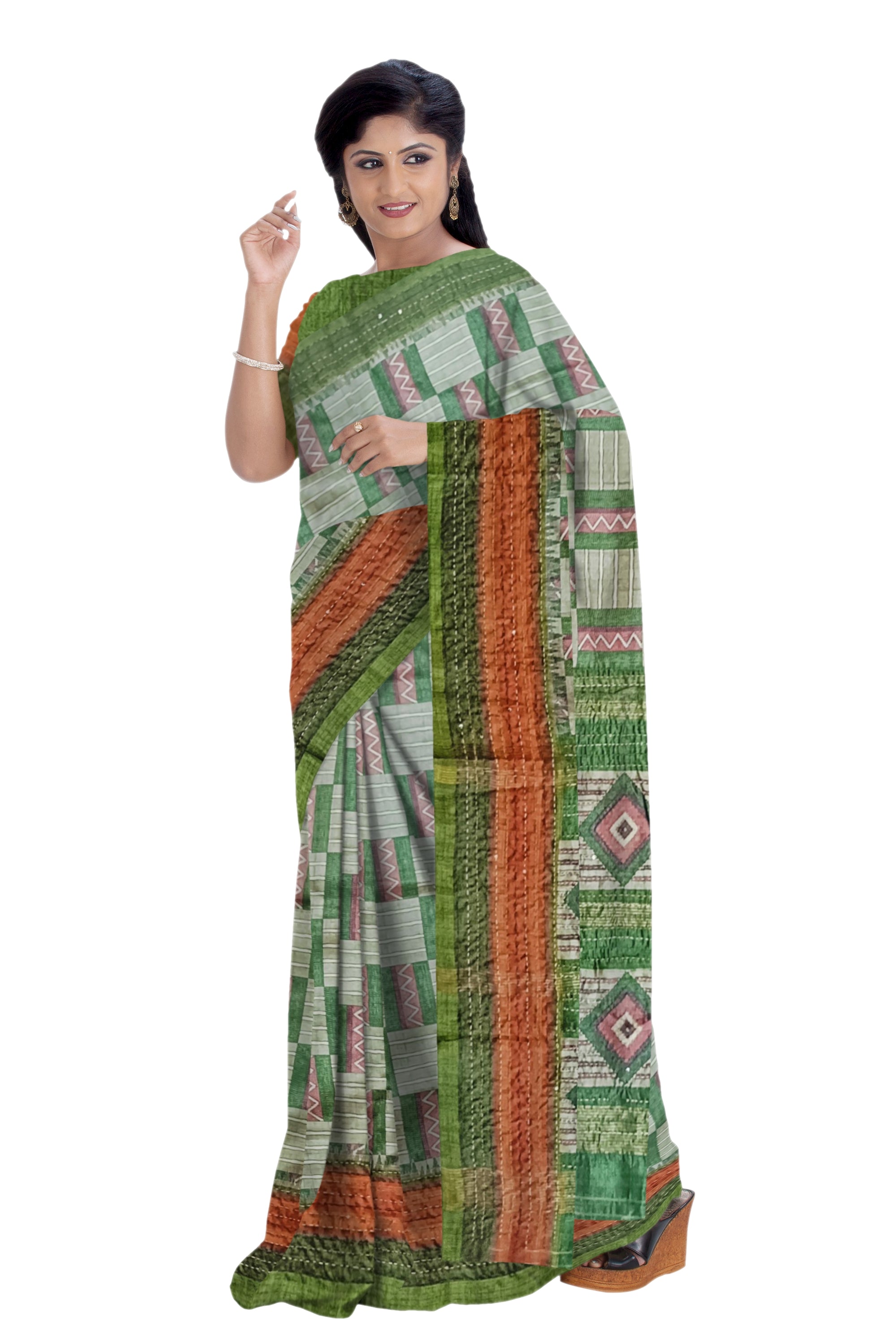 Sage Green Tussar Kantha Cut Work Saree