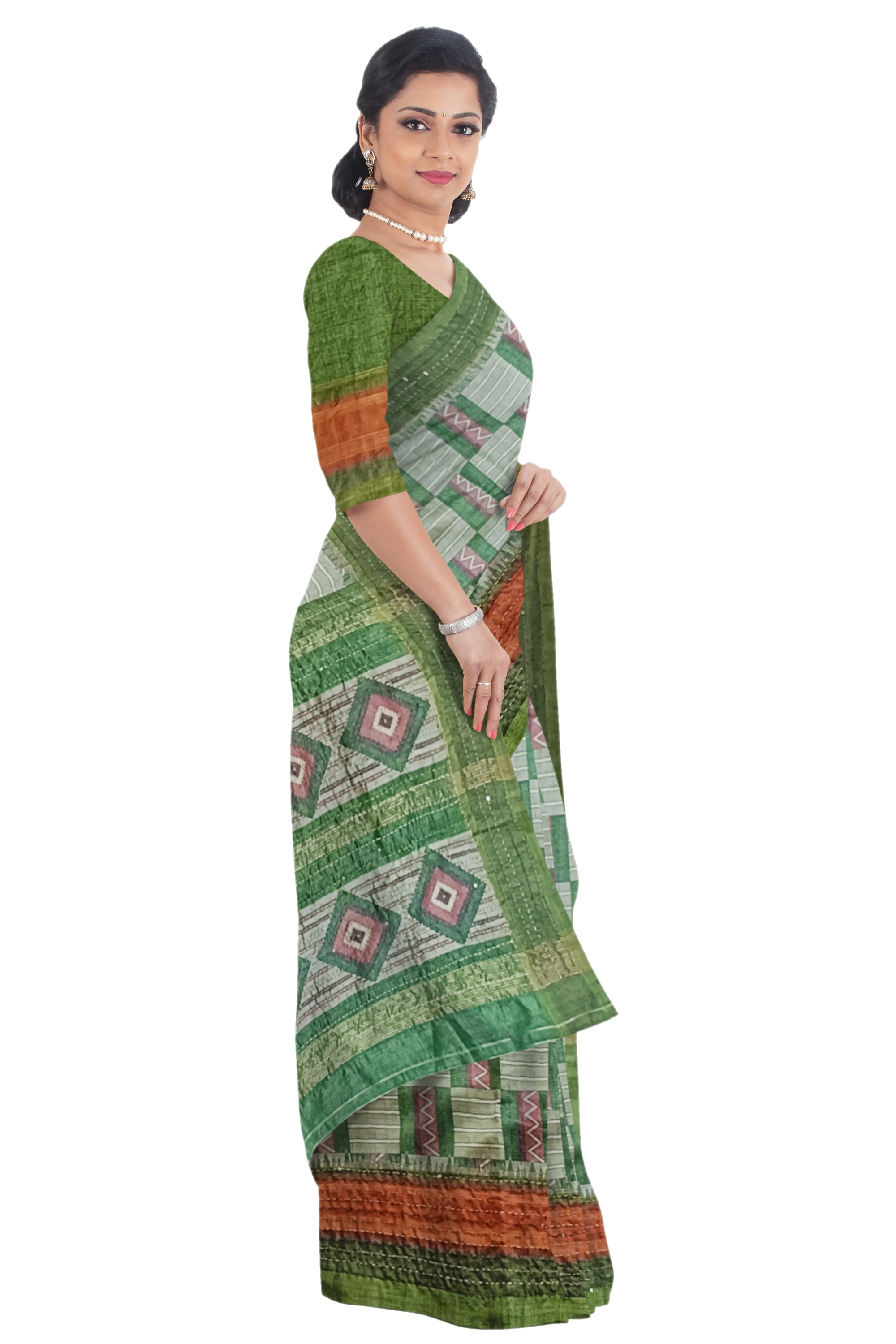 Sage Green Tussar Kantha Cut Work Saree