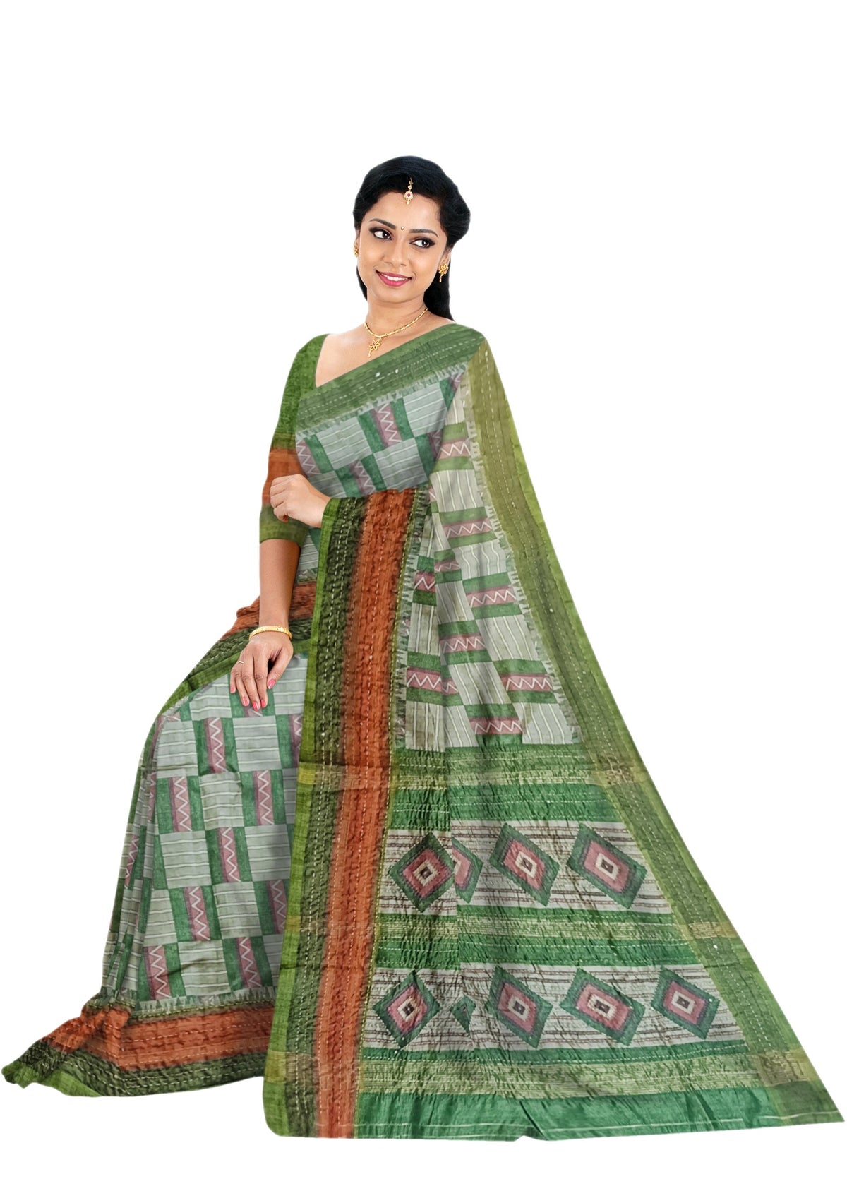 Sage Green Tussar Kantha Cut Work Saree