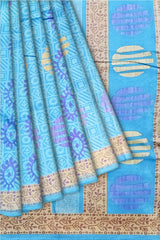 Sky Blue Handloom Floral Printed Cotton Saree