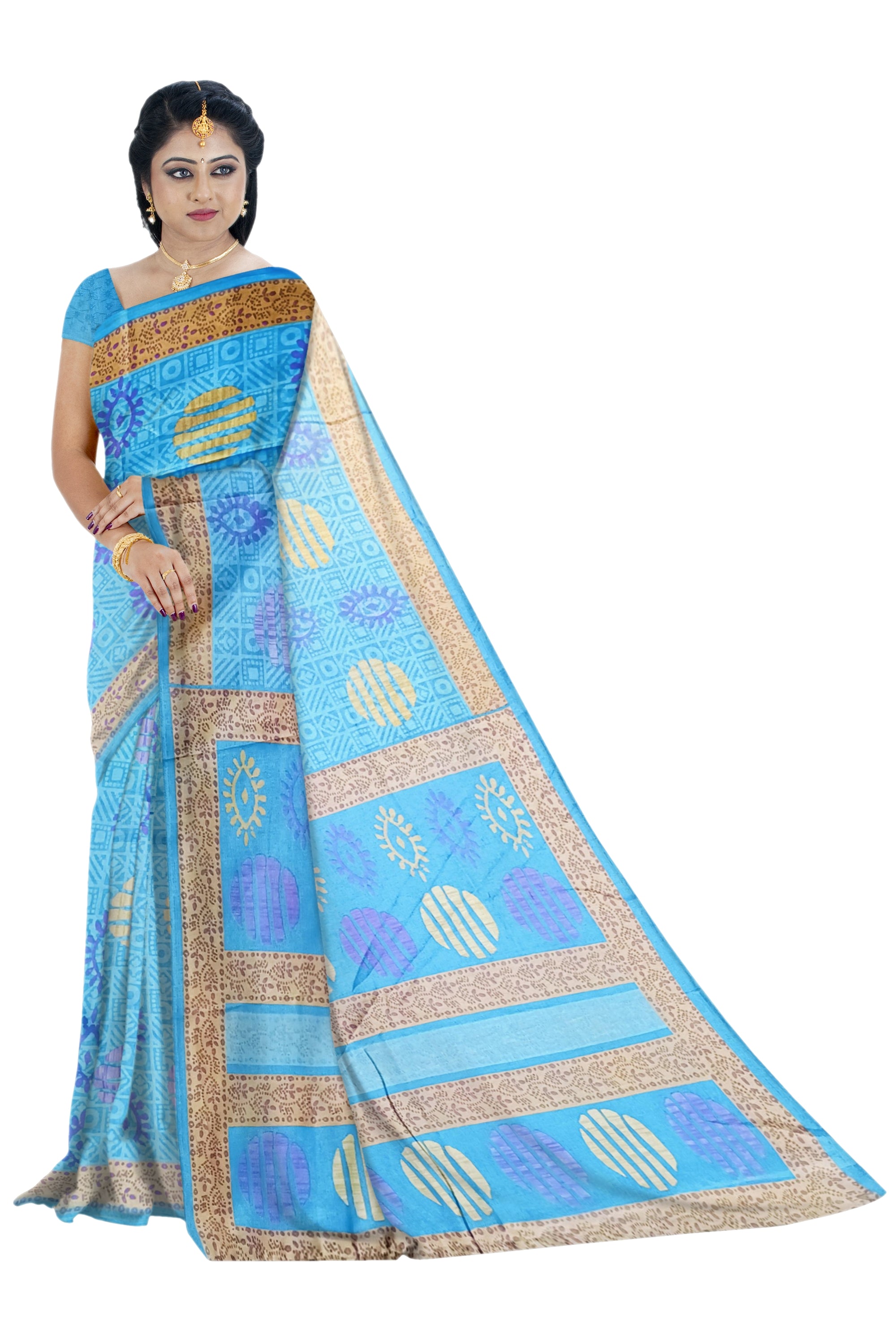 Sky Blue Handloom Floral Printed Cotton Saree