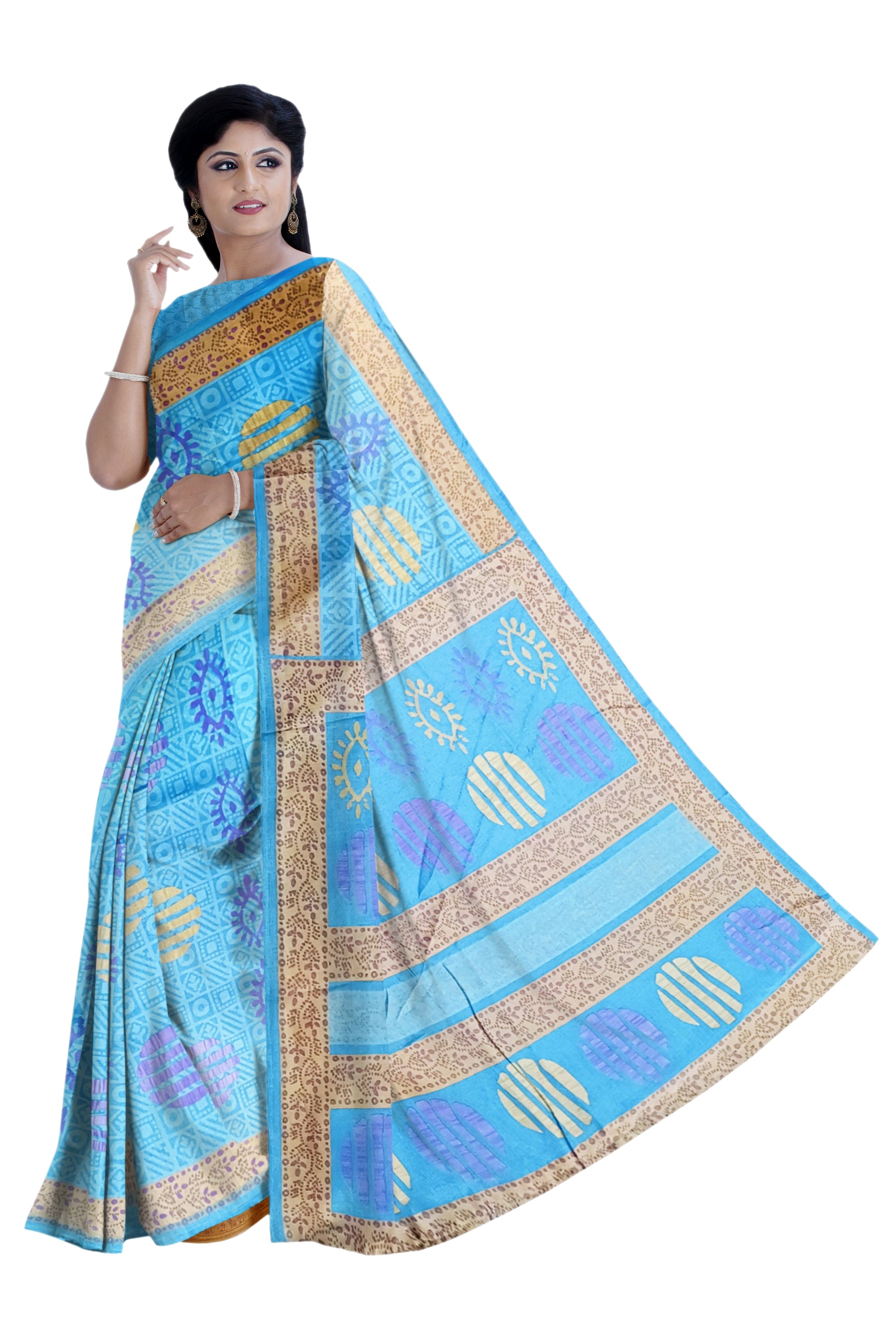 Sky Blue Handloom Floral Printed Cotton Saree