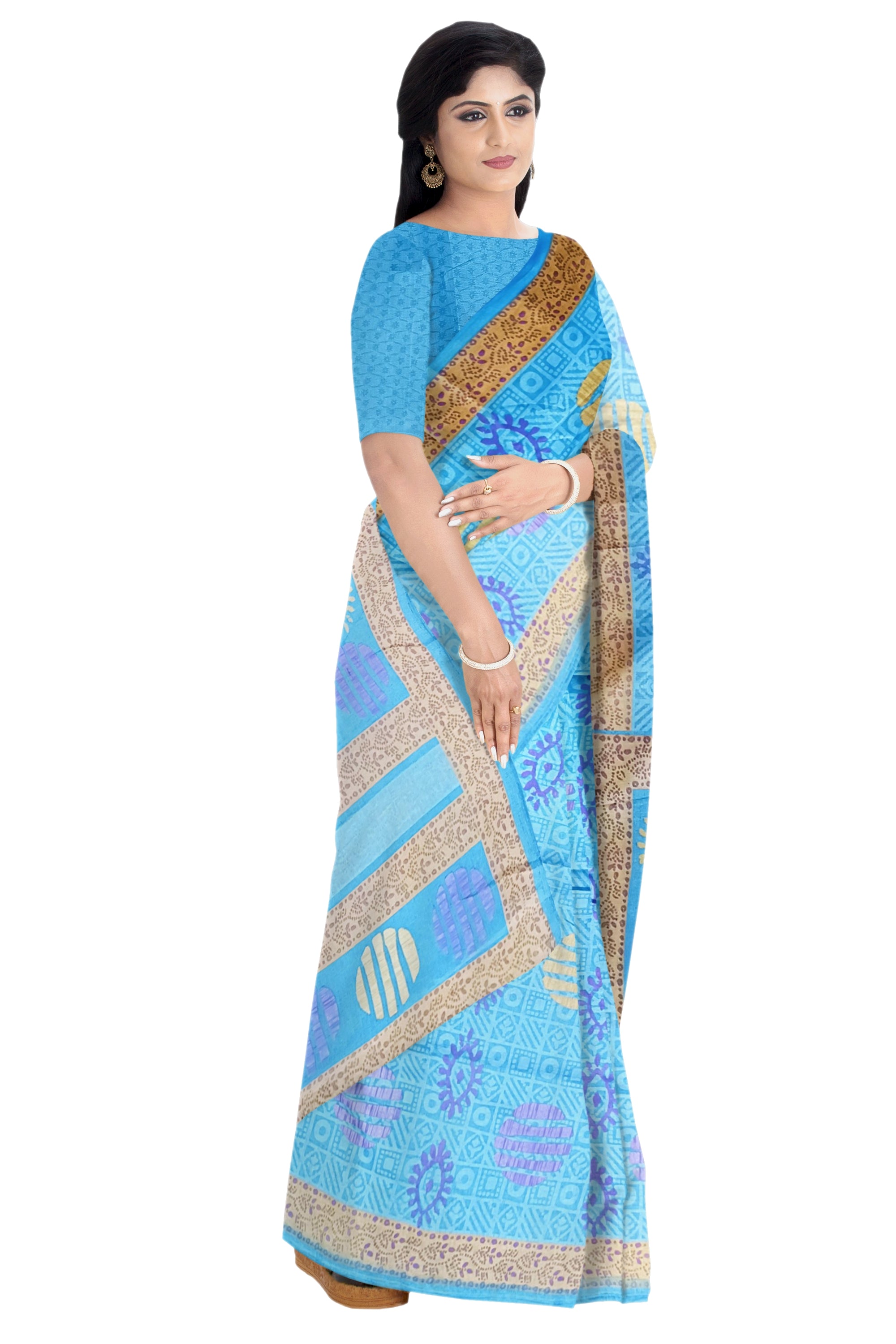 Sky Blue Handloom Floral Printed Cotton Saree