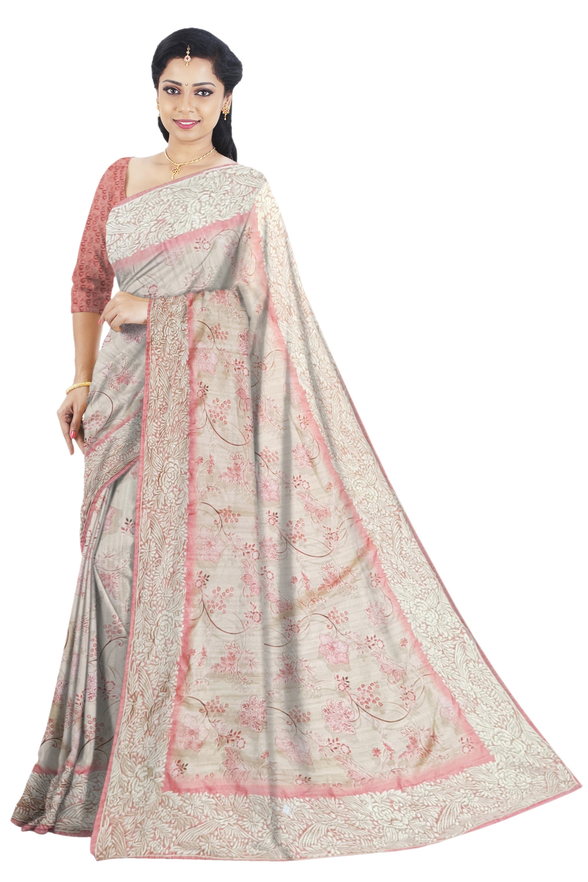 Off white Tussar Cut Work Saree with Pink Flowers