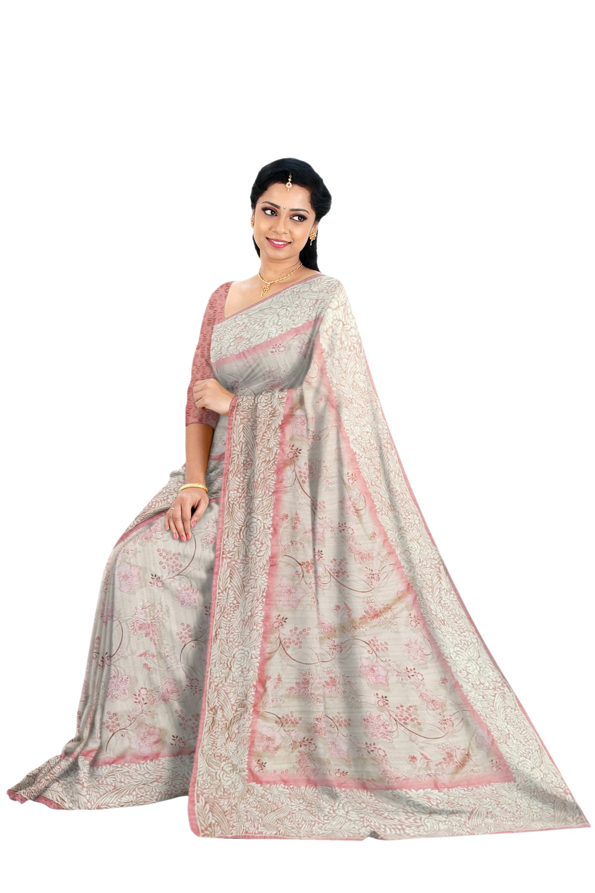Off white Tussar Cut Work Saree with Pink Flowers