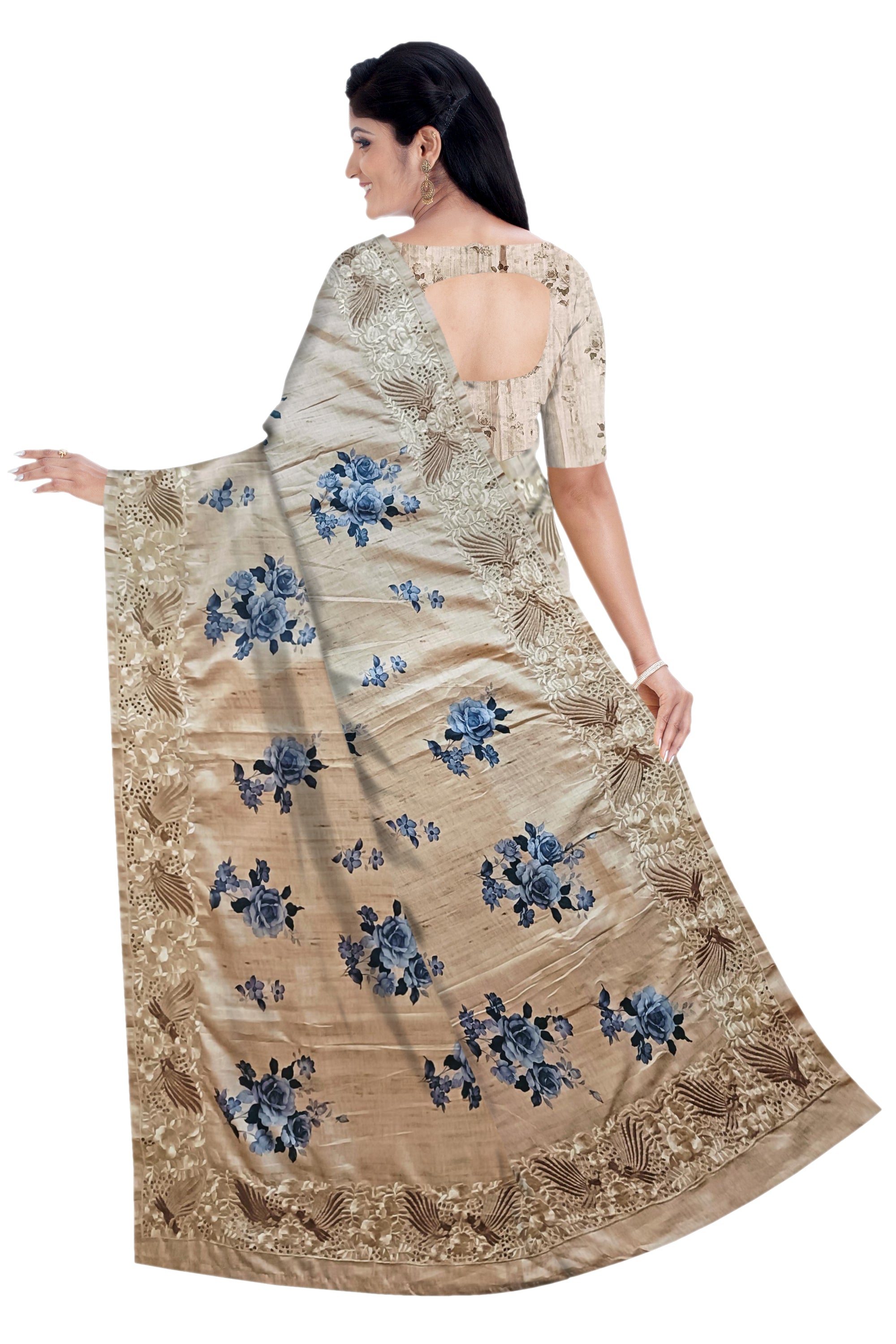 Light Sandal Tussar Cut Work Saree with Blue Floral Print