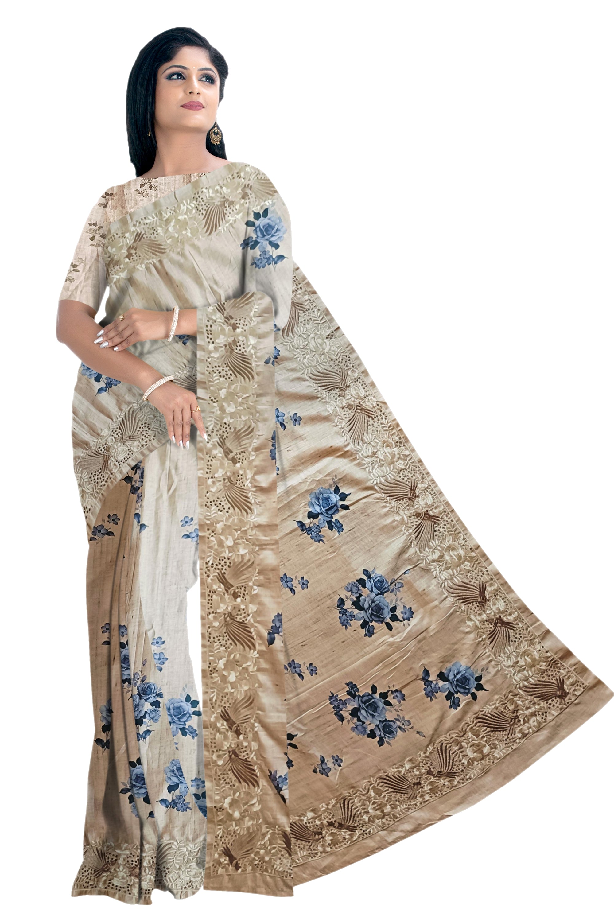 Light Sandal Tussar Cut Work Saree with Blue Floral Print