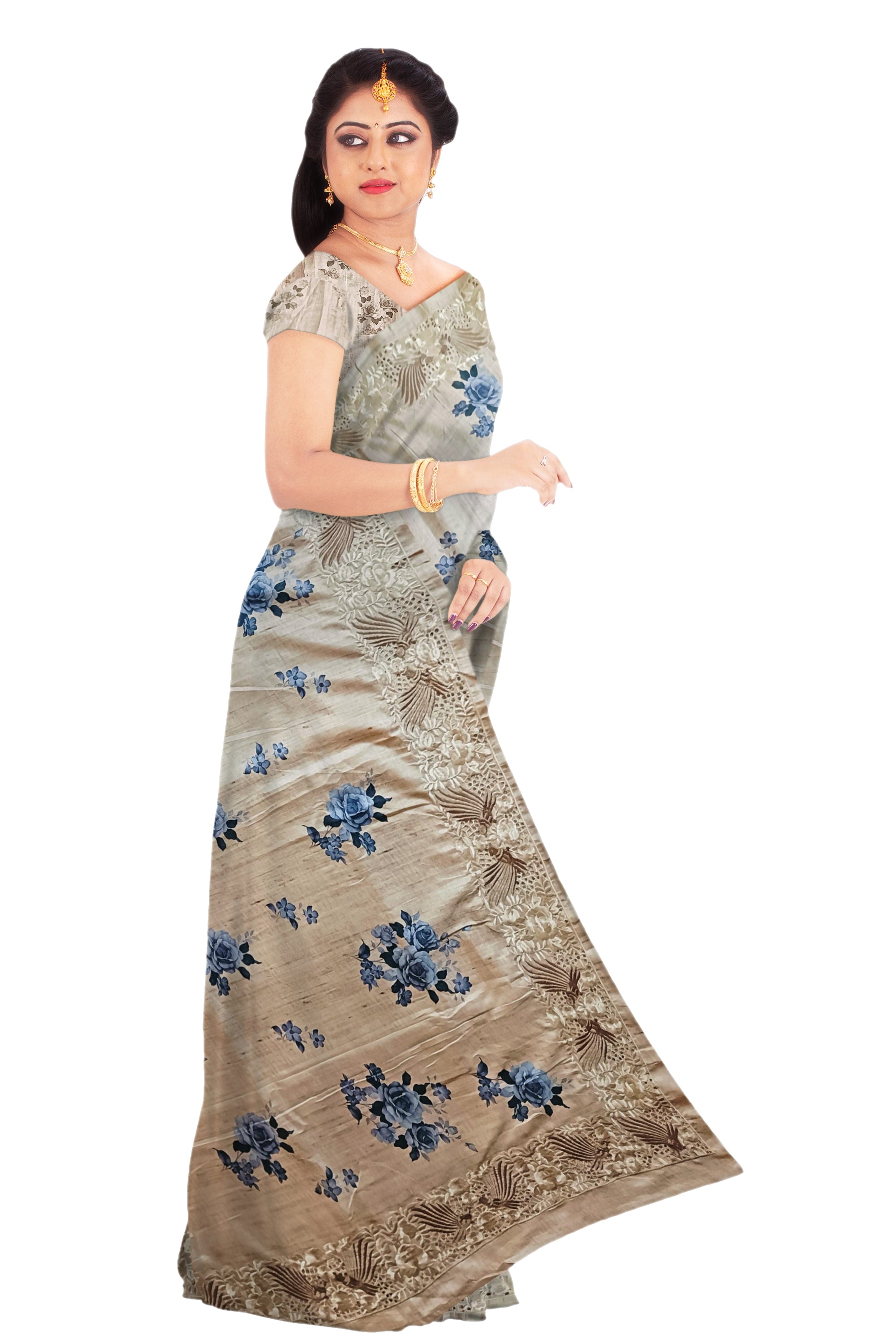 Light Sandal Tussar Cut Work Saree with Blue Floral Print