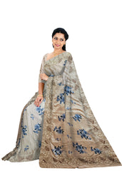 Light Sandal Tussar Cut Work Saree with Blue Floral Print