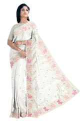 Cream Tussar Cut Work Saree With Pink Floral Border Design