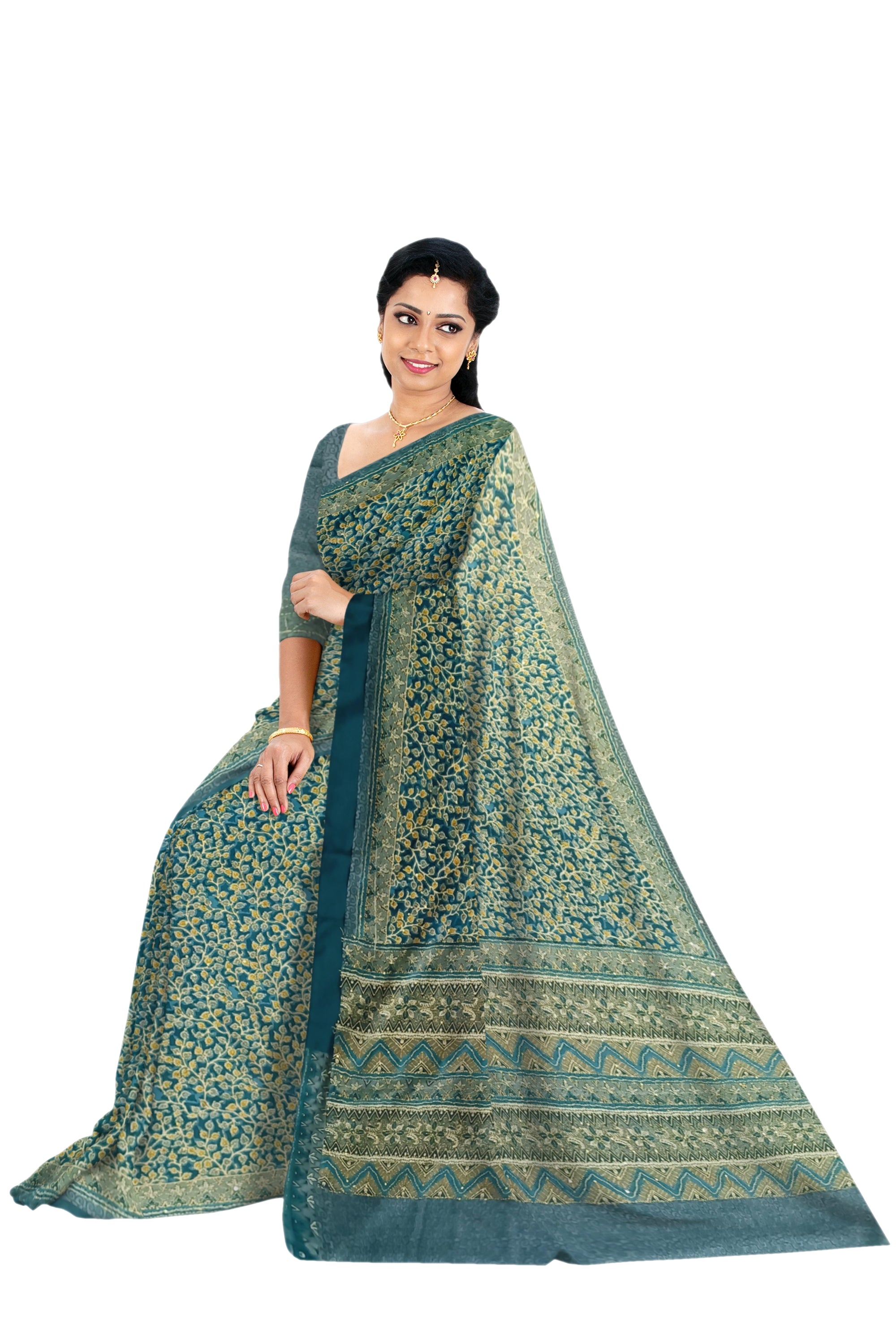 Green Italian Crepe Saree with Kantha Work