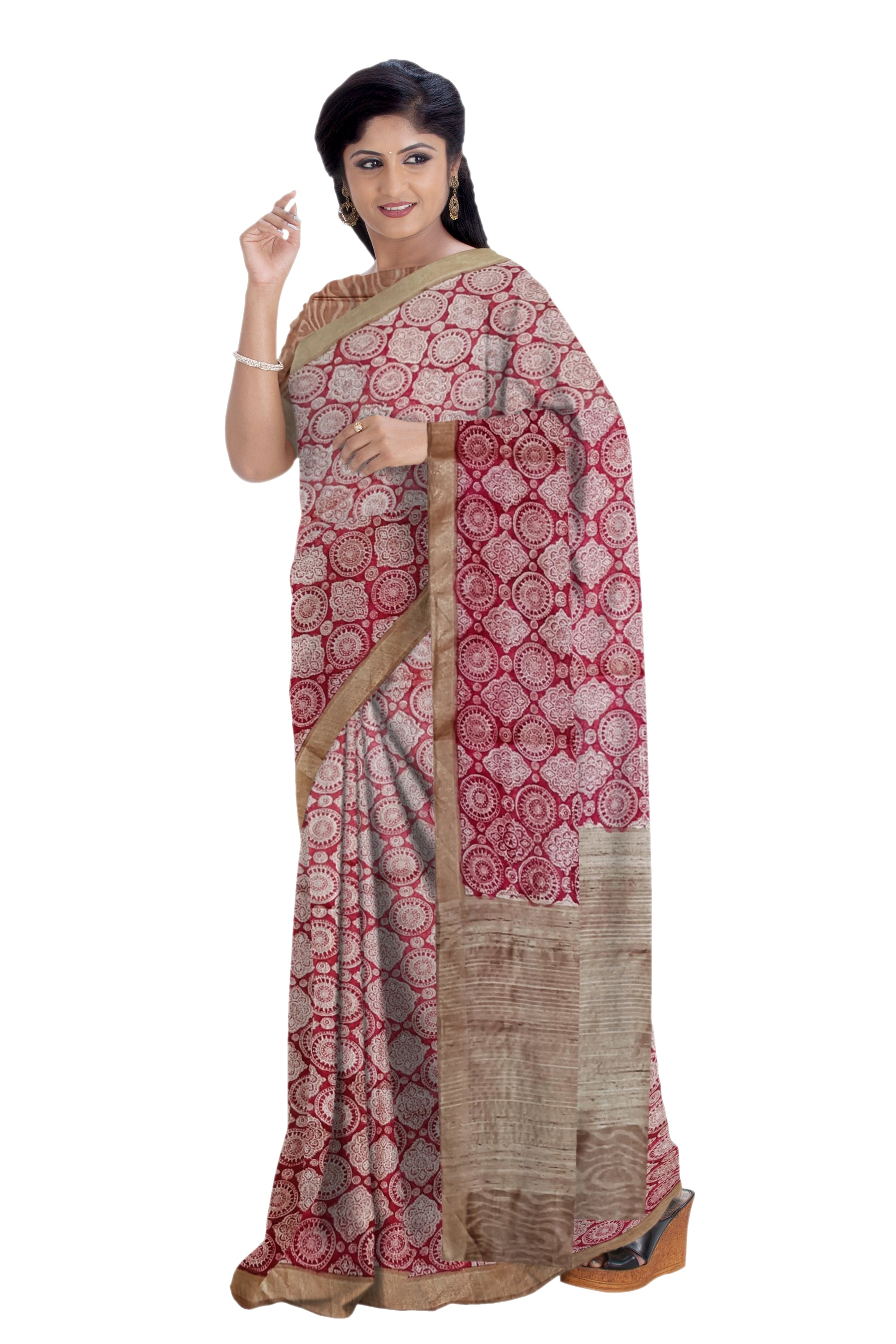 Red Moonga Silk Printed Saree