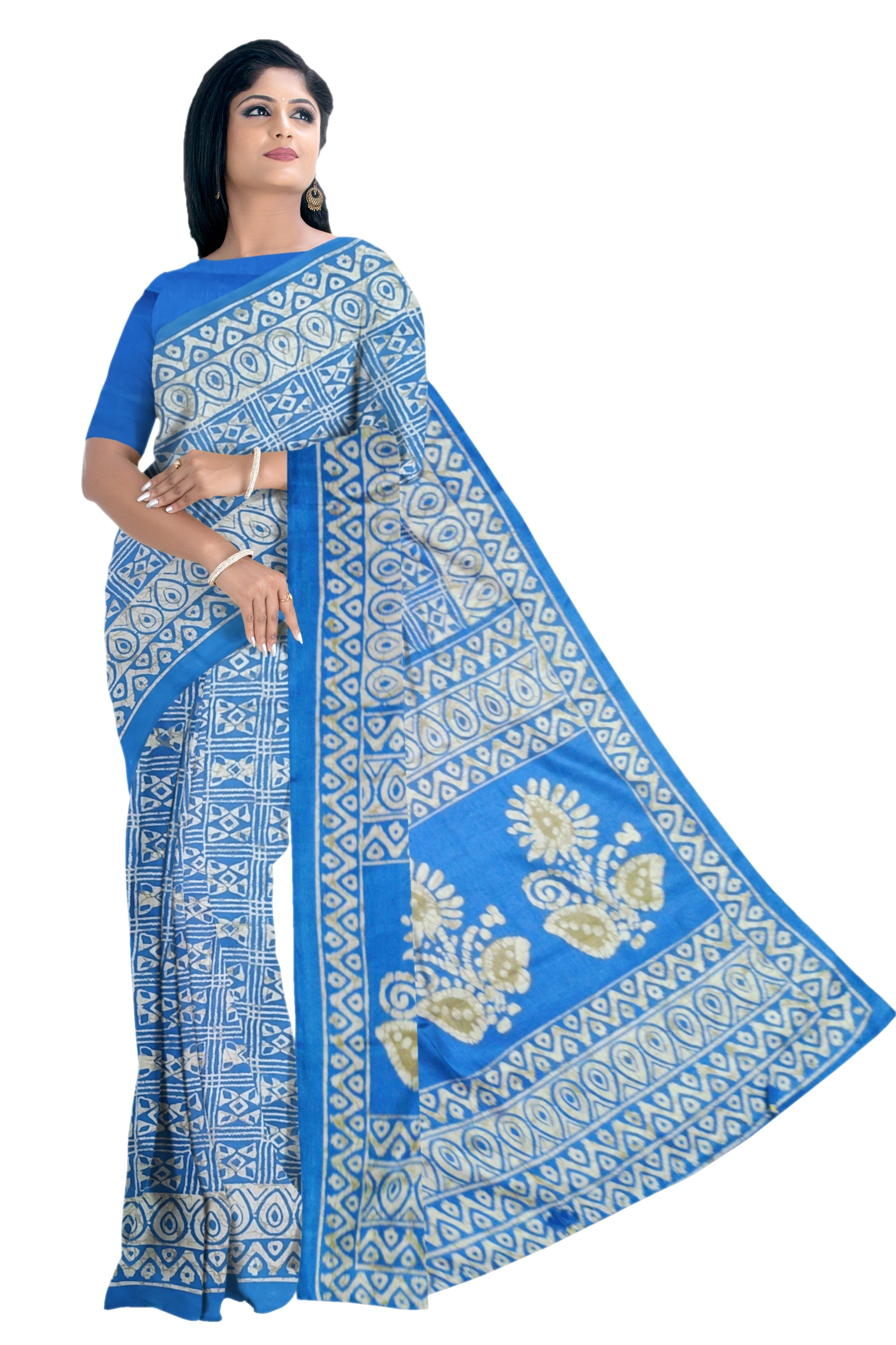 Royal Blue Handloom Printed Cotton Saree