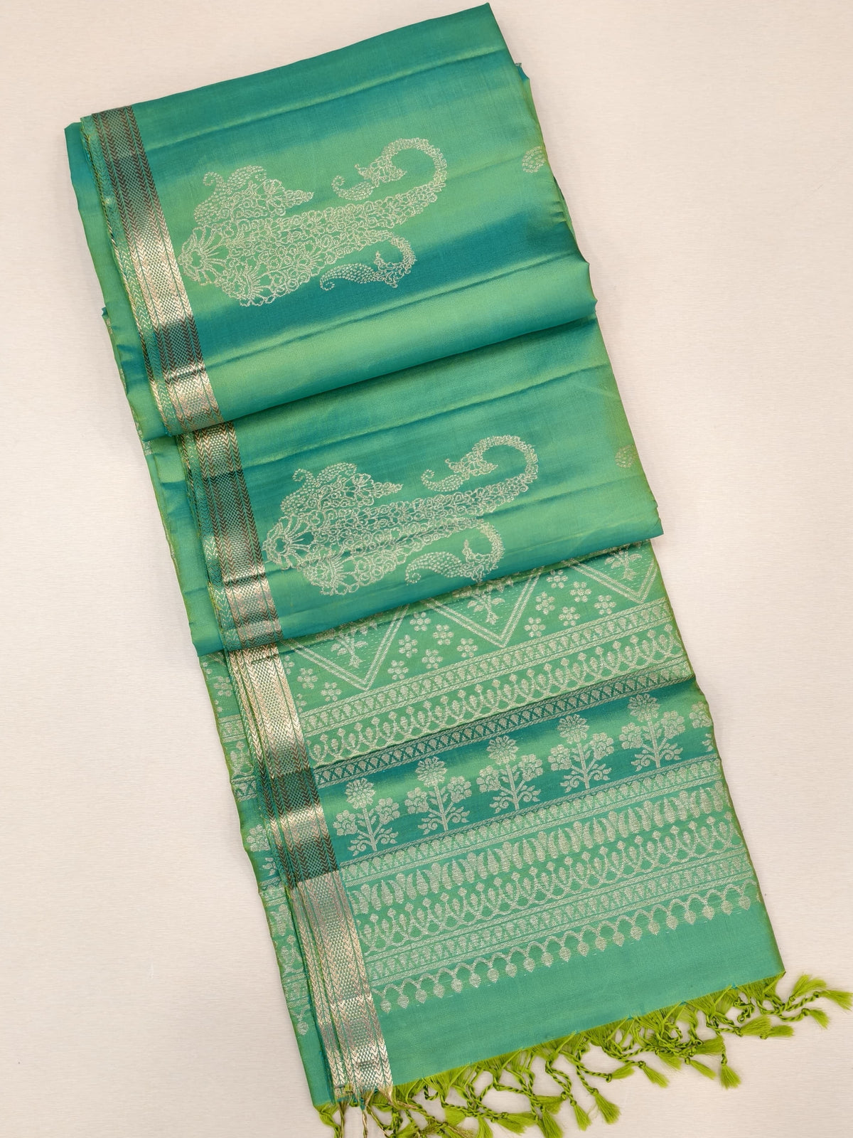 Sea green Soft Silk Saree with silver zari border and motifs with grand pallu