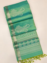 Sea green Soft Silk Saree with silver zari border and motifs with grand pallu
