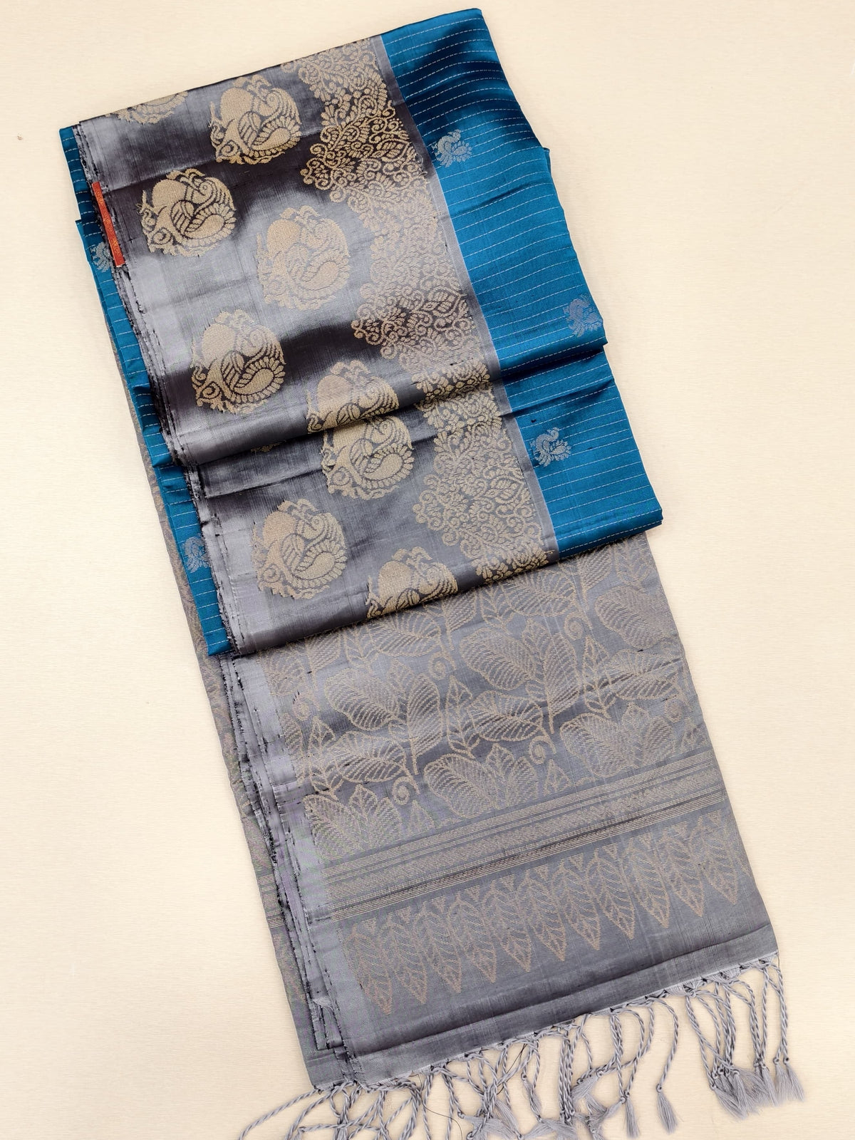 Peacock blue Soft Silk Saree with grey border