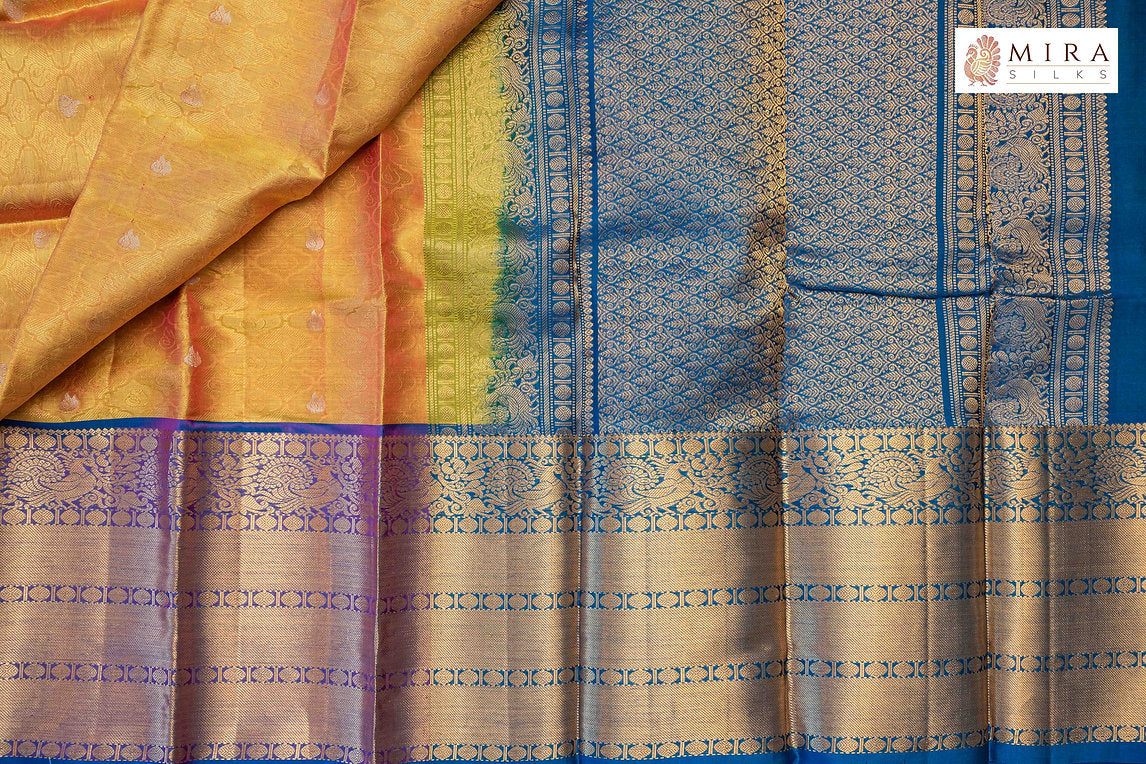 Golden Yellow blue border Kanjivaram Silk Saree