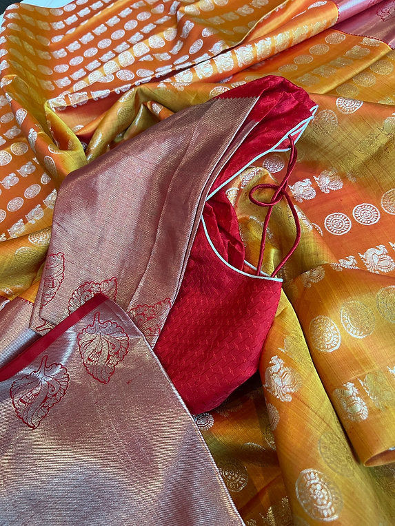 Mustard yellow with red Kanjivaram Silk Saree