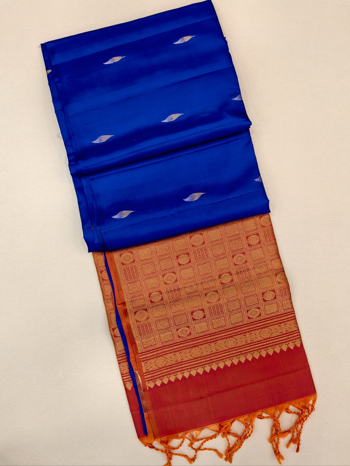 Royal blue Soft Silk Saree with blush pink grand pallu
