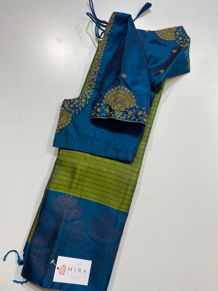 Parrot Green Soft silk Saree with stitched blouse