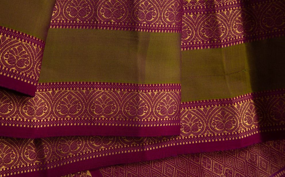 Indigo Kanjivaram Saree with Olive Green & Maroon Border