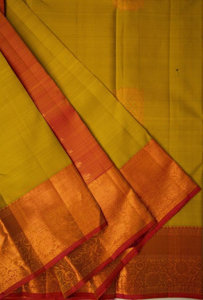 Mango Green Kanjivaram Saree with peach Border