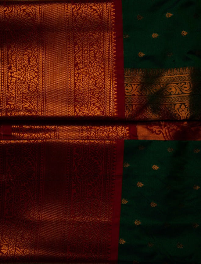 Jungle Green Semi-Silk Saree with Paprika Red Border