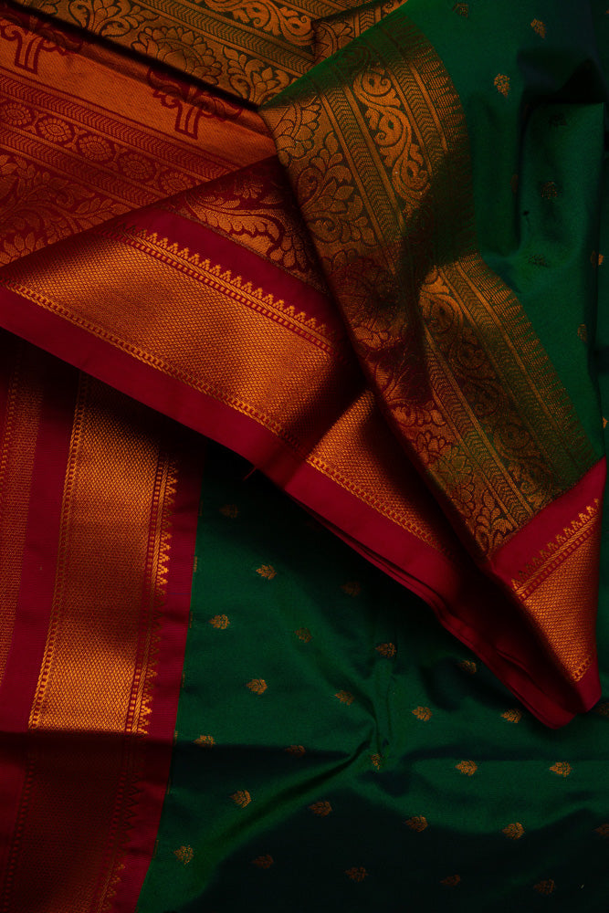 Jungle Green Semi-Silk Saree with Paprika Red Border