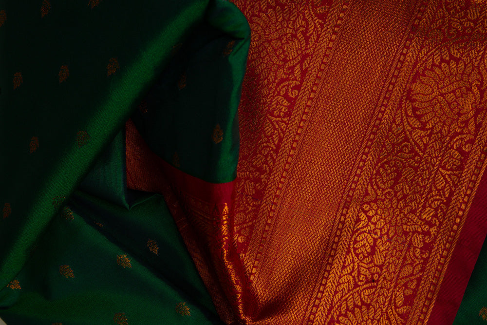 Jungle Green Semi-Silk Saree with Paprika Red Border