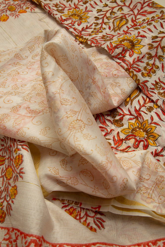 White Chanderi Vanspathi Saree with Orange Floral Print