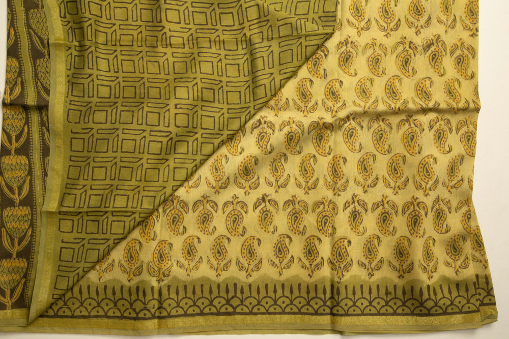 Pale Yellow Chanderi Saree With Stitched Blouse