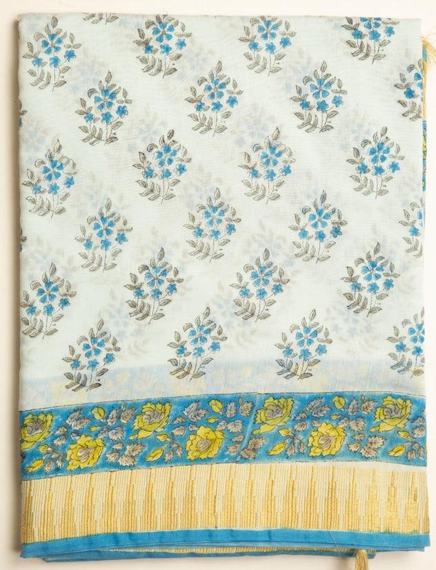 Pale Blue Chanderi Temple Print With Blue Floral Print And Gold Border