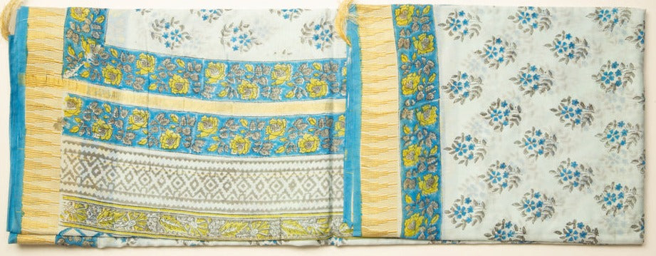 Pale Blue Chanderi Temple Print With Blue Floral Print And Gold Border