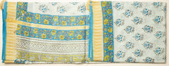 Pale Blue Chanderi Temple Print With Blue Floral Print And Gold Border