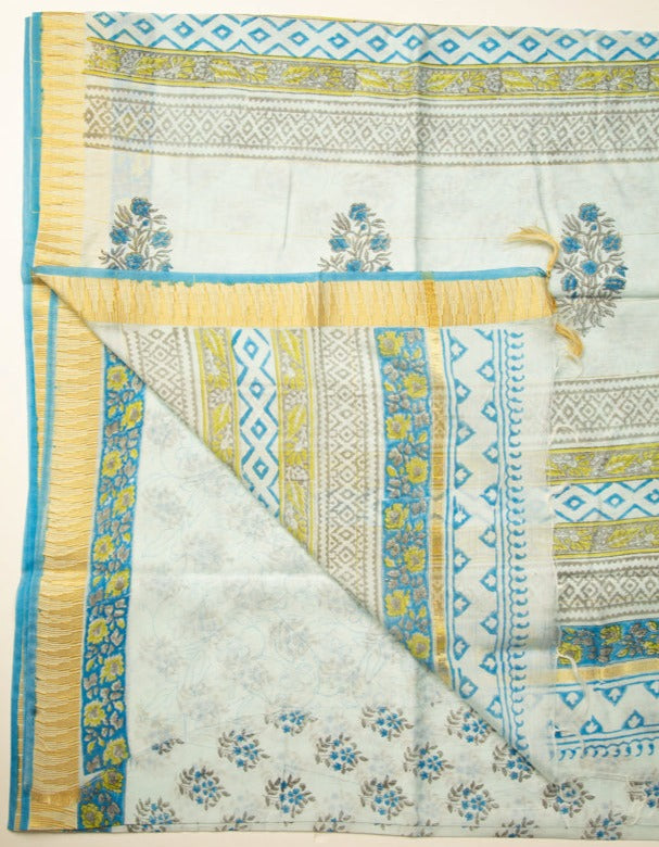 Pale Blue Chanderi Temple Print With Blue Floral Print And Gold Border