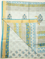 Pale Blue Chanderi Temple Print With Blue Floral Print And Gold Border