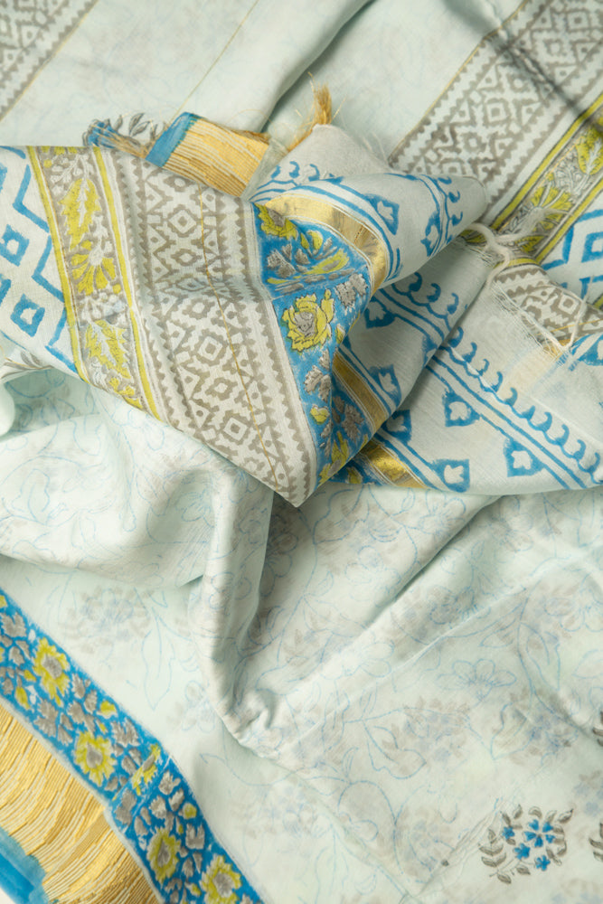 Pale Blue Chanderi Temple Print With Blue Floral Print And Gold Border